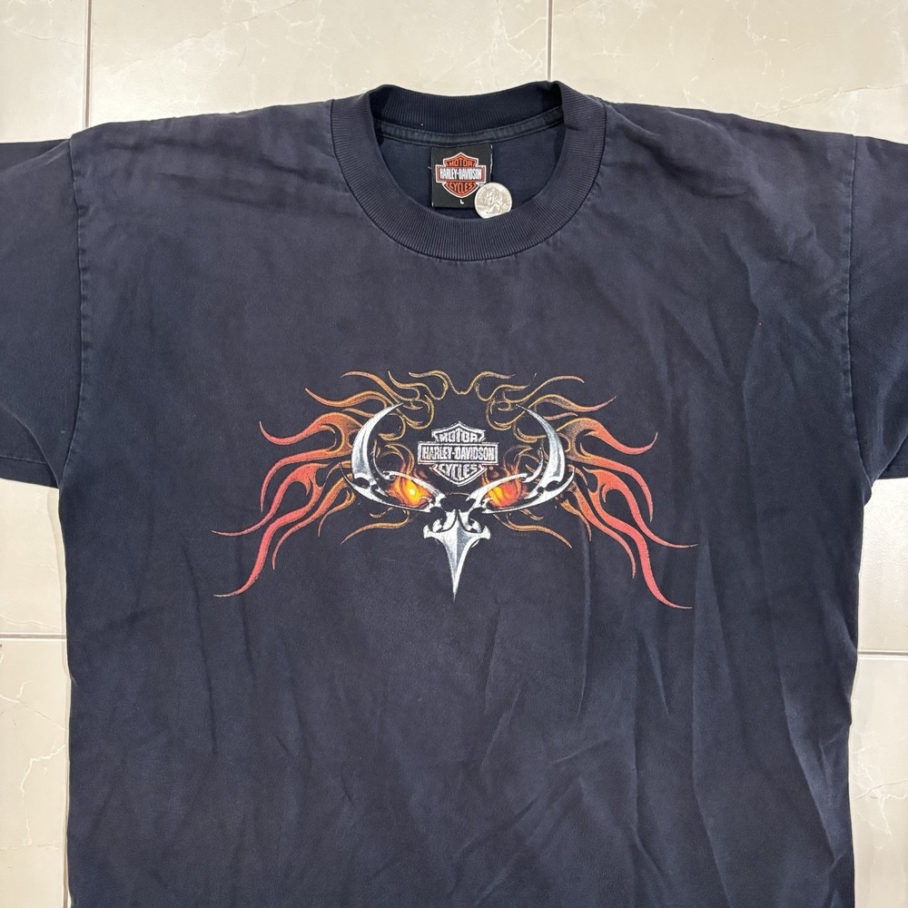 Vintage Harley Davidson T Shirt Black Faded Flames Beartooth Montana Men's L Y2K